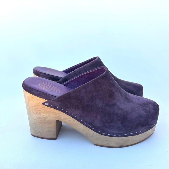 New Charlotte Stone Marlo Suede Heeled Clogs Plum Purple 9 Boho Bohemian - Picture 2 of 9